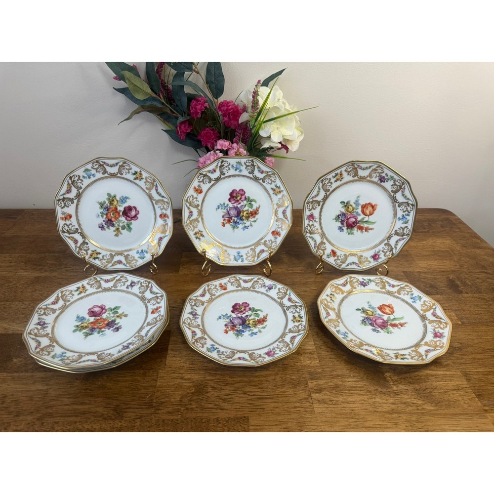 Vintage‎ Schwarzenhammer Bavaria Raised Gold Floral Porcelain Dessert Plates Set